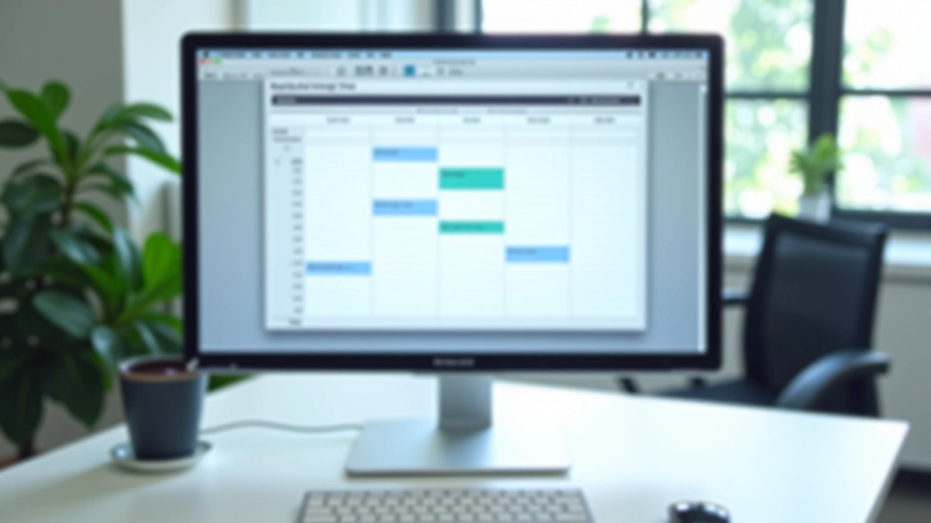 Weekly calendar view on desktop showing realistic work schedule with time blocks, meetings, and breaks marked in different colors