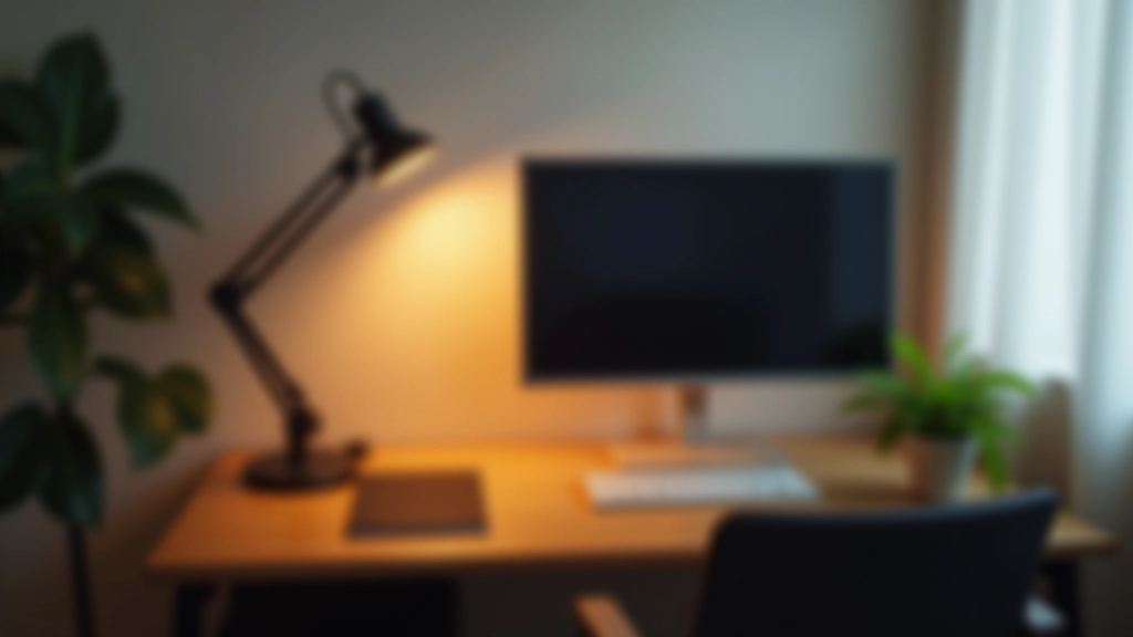 Minimalist desk with desk lamp, single monitor, ergonomic chair, and plant in the corner